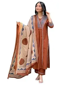 MEERA FAB Women Floral Printed Pure Cotton Straignt V-Neck Kurta with Trousers & Dupatta