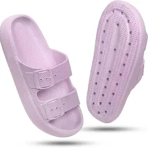 Double Buckle Sandals Adjustable EVA Comfort Flat Waterproof Rubber Cloud Slides Slippers for Women(Lavender-5)
