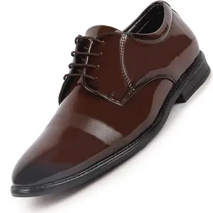 FAUSTO FST FOSMF-2111 TAN-45 Men's Tan Patent Leather Party Formal Textured Strip Lace Up Shoes (11 UK)