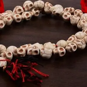 Handcrafted Skull Bead Bracelet, White Howlite Stone, Red Tassel, Gothic Style, 40 Beads
