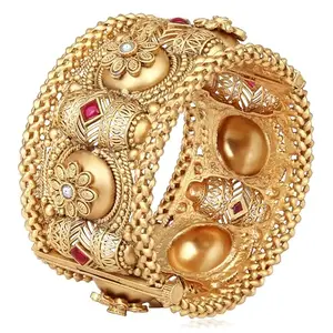 Peora Gold Plated Synthetic Stone Studded Thick Single Piece Openable Kada Bangle Traditional Jewellery for Women (Size - 2.4")