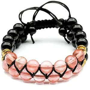 Lady Works Natural Cherry Quartz & Shungite Threaded Double Layer Bracelet 8mm Round Smooth Beads Cherry Quartz & Shungite Adjustable Thread Bracelet. Unisex Macrame Yoga Bracelet.|LW_TDBR_0084