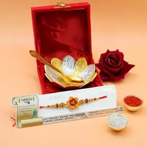 Piepot Premium Rakhi for Brother with Gift Silver and Gold Plated Floral Shape Bowl and Spoon Set with Red Velvet Box| Bhaiya Rakhi with Roli Chawal for Bro, Brother, Bhaiya, Bhai