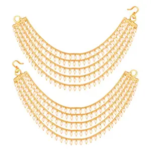 MEENAZ Brass copper Gold kanchain 5 layer long bridal wedding ear kan chain Champaswaralu earchains Ear Chains for Hair Jhumka Jhumki kanoti moti pearl Traditional Earrings for women girls Golden-142