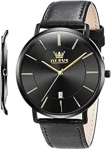 Visit the OLEVS Store OLEVS Mens Watches Minimalist Ultra Thin Fashion Casual Analog Quartz Date Watch Waterproof Slim Simple Big Face Dress Wrist Watch with Retro Leather Band for Men