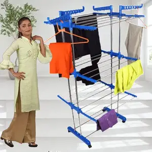 LAKSHAY DOUBLE PIPE SUPPORTING 3 TIER STRONG INDIAN MADE CLOTHES DRYING RACK Stainless Steel Floor Cloth Dryer Stand (Blue)
