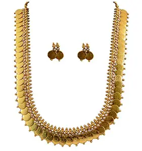 YouBella Long Maharani Pearl Temple Coin Traditional Necklace Set for Women Jewellery Set with Earrings for Women