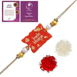 AC ANAND CRAFTS Handmade Resin Rakhi For Brother Comes With Free Roli Chawal And Greeting Card Pack Of 1 Color Red length 10 Cm Rakhi For, Bhai, Bhaiya, Elder, Younger Brother