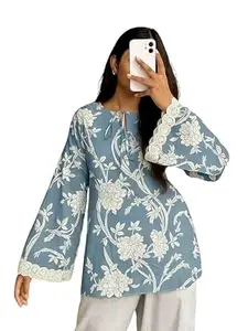 Women’s Floral Printed Viscose Rayon Short Kurti Top | Bell Sleeves with Lace Border | Casual Office Tunic for Girls & Women