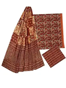 UBK FASHION Women's Hand Block Print Jaipuri Dress Material Unstitch Salvar Dupatta Suit 3PC Set 3201 (Brown)