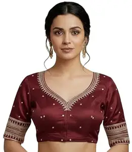 Women's Silk Embroidered Half Sleeve Blouse Piece Work Readymade Blouse for Women | Any Occasion || Saree Blouse (Maroon, 38)