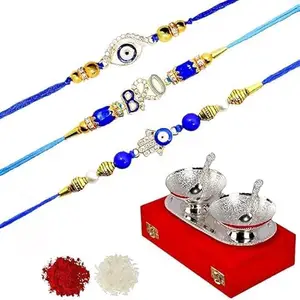 Piepot Solid Brass German Silver Bowl Set with Rakhi for Brother | Silver Plated | Combo Pack | with Red Velvet Box (2 Rakhi with Bowl Set)