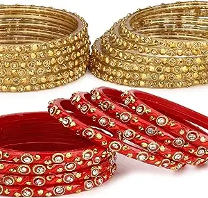 Somil Combo Of Wedding & Party Colorful Glass Bangle/Kada, Pack Of 24, golden,red