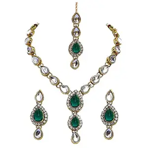 Lucky Jewellery Traditional Green Color Gold Plated Kundan Necklace Set for Girl & Women (MSK-1-LINE2-G)