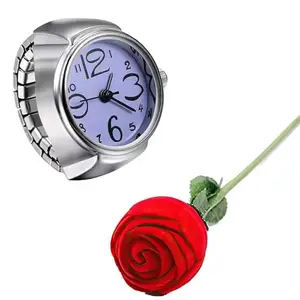 Fashion Frill Valentine Gift For Girlfriend Watch Design Ring For Women Stylish Purple Silver Stretchable Ring For Girls Women With Red Rose Love Gifts, Adjustable