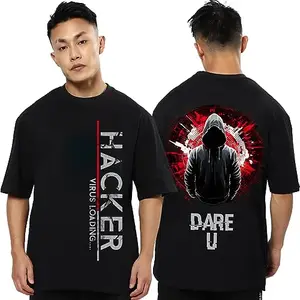 fanideaz Hacker Oversized Printed Half Sleeve Round Neck Tshirt for Mens_Black_2XL