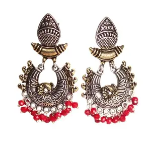 Navraee Ethnic Oxidised Silver Plated Brass Peacock Dual Tone Jhumki-Red