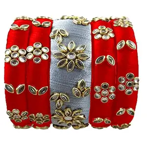 HARSHAS INDIA CRAFT Silk Thread Bangles With Kundan Stones Chuda Bangle Set For Womnes and girls (White-Red) (Size-2/6)
