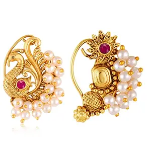 VFJ VIGHNAHARTA FASHION JEWELLERY Vighnaharta Golden Moti Pearls Nath Nathiya nose pin Gold Plated Alloy two Nose Ring valentine day gift valentineday gift for her gift for him gift for women gift for woment[VFJ1134-1167NTH-Press-Red]