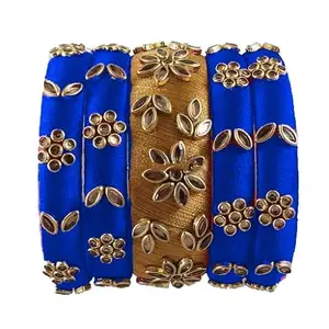 pratthipati's Silk Thread Bangles Stones Chuda Bangle Set (Gold-Royal Blue) (Size-2/8)