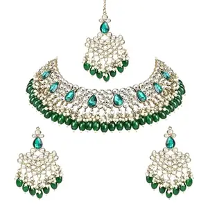 I Jewels Gold Plated Traditional Kundan Pearl Hanging Choker Necklace Jewellery Set With Earrings & Maang Tikka For Women & Girls (Green)