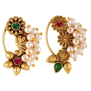 VFJ VIGHNAHARTA FASHION JEWELLERY Vighnaharta Golden Moti Pearls Nath Nathiya nose pin Gold Plated Alloy two Nose Ring valentine day gift valentineday gift for her gift for him gift for women gift for woment[VFJ1180-1181NTH-Press-Multi]