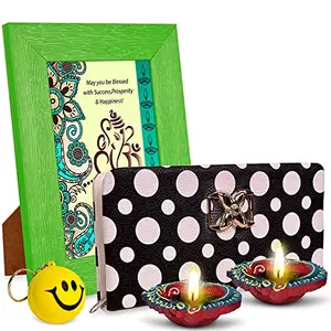 Alwaysgift May You Be Blessed with Success Shubh Diwali 2 Diyas, Ladies Wallet, Smiley Keychain, Quotation Photo Frame Gift Set