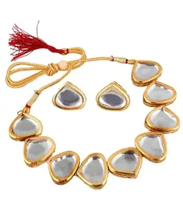 COLLEN ARRAY Gold plated triangular shape earring and uncut kundan big faux kundan dibbi kundan chocker necklace set for women/girls-1