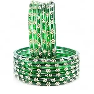 RIJB Stylish Glass Bangles set for women & Girls With Zircon Stone work in Flower Pattern | Fancy Kanch ki Chudi Set | Bangles for Wedding, Party & Gift | Traditional Girl's Bangles Bracelet-Set of 12
