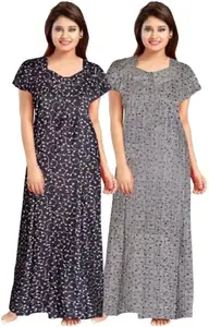 DIPSYCO 100% Cotton Nighty for Women || Long Length Printed Nighty/Maxi/Night Gown/Night Dress/Nightwear Inner & Sleepwear for Women's (Combo Pack of 2)(MF083-Nighty (P2) Black Grey_Free)