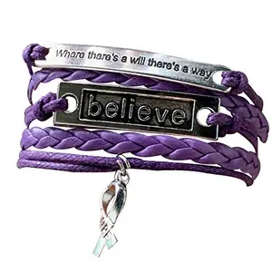 Infinity Collection Purple Ribbon Charm Bracelet, Where There is a Will There is a Way Awareness Bracelet, Survivor Gift for Women, 5.5 inches with 2 inch ext, Purple, no gems