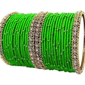 HARSHAS INDIA CRAFT Silk Thread Ladies Trendy Designer Bangles Metal Bangle Traditional Bridal Jwellery Set (Parrot Green) (Pack of 28) (Size-2/2)