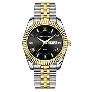 Giordano Analog Watch for Men – Luxury Two-Tone Stainless Steel Strap, Gold Accents, Crystal Hour Markers, Fluted Bezel, and Day-Date Display