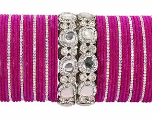 LAVAZZA Stylish White Zircon Stone & Kundan Metal Velvet Bangles Chuda Set For Women & Girls | Chuda Bangles Set | chudiya for women latest | Diamond Chuda Pink-(Chuda16-Magenta-2.8)
