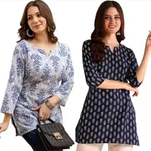 MS VHCK ENTERPRISE Women's Cotton Printed Short Kurti, Round Neck, Three Quarter Sleeve, Straight Fit, Pack of 2