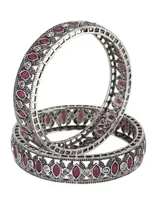 Adwitiya Collection Women Oxidised Silver-Plated Kundan and Red Stone-Studded Bangles(2.4)