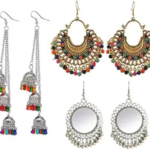 Vembley Combo Of 3 Pair Silver Chandbali Jhumki Mirror Stylish and Multicolor Beads Three Layere Jhumki Earring For Women and Girls