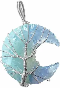 Swara Agate Opalite Crescent Moon Pendant Copper Wire Wrapped Crescent Moon Pendant Without Chain for Unisex (Blue)