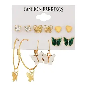 Vembley Combo of 6 Pair Gold Plated Heart Stone Stud And Butterfly Hoop Earrings For Women And Girls