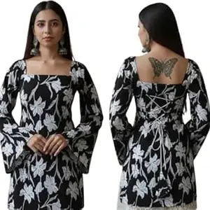 ALENJAN Rayon Floral Print Short Kurti for Women | Square Neck Long Sleeve Top for Women | Criss Cross Back Desing Kurti | Soft Breathable Fabric | Relaxed Fit | Casual and Office Wear