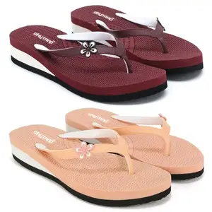 Skytrap Women Maroon, Peach Rubber Slippers Flipflop Combo of 2 (numeric 8)