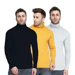 CHKOKKO Winter Wear Cotton Plain Full Sleeve Turtle Neck T Shirt for Men Combo of 3 Navy Blue Mustard Light Grey Size S