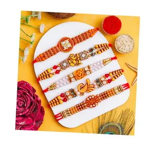 Pride Store Traditional Rakhi Set, 5 Pieces, OM and Ganesh Design with Crystal Beads, Multicolour | Rakhiya For Kids | Rakhiya For Brother | Rakhiya For Bro (Rakhi Desgin B)