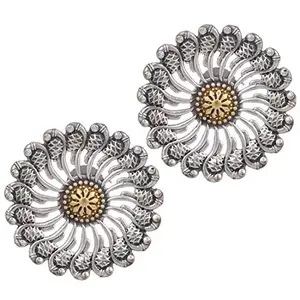 Peora Silver Plated Oxidised Silver Afghani Tribal Floral Stud Earrings for Women