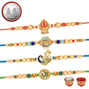 De Marquis 4 Designer Rakhi + 1 Pooja Coin Gift Set for Brother, Mauli Thread Rakhi, Chawal Roli Pack, Greeting Card Set (4 Multicolor RAKHI set in different design with Roli and chawal)