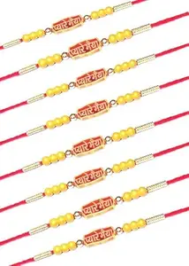 Traditional Handcrafted Rakhi Set with Yellow Beads, Red Thread, Golden Accents, 8 Pack, Religious Festival Bracelet for Brothers pack of 10