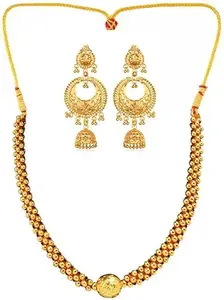 Heer Collection Traditional Wedding Maharashtrian Kolhapuri Thushi Necklace Saaj Thushi Mangalsutra Pendant Locket Necklace Set Jewellery Set with Jhumki Earring Combo(ComboThushi806-Jhumki1005)