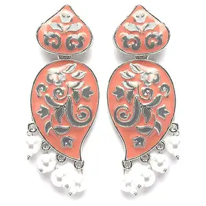 Karatcart Silver Plated Peach and Grey Meena Drop Earrings for Women