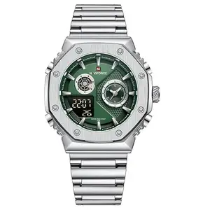 NAVIFORCE Stainless Steel Men Analog Digital Dual Display Sports Steel Strap Quartz Watch -Nf9216, Dial Color_Green,Band Color-Silver