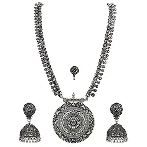 Sasitrends Oxidized German Silver Long Necklace,Earrings and Nosepin Combo for Women and Girls